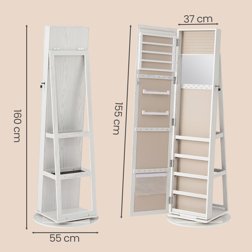 Roterbart smyckesskåp med spegel 160 cm - Vit/Beige / Spegelskåp / Låsbart smyckesskåp