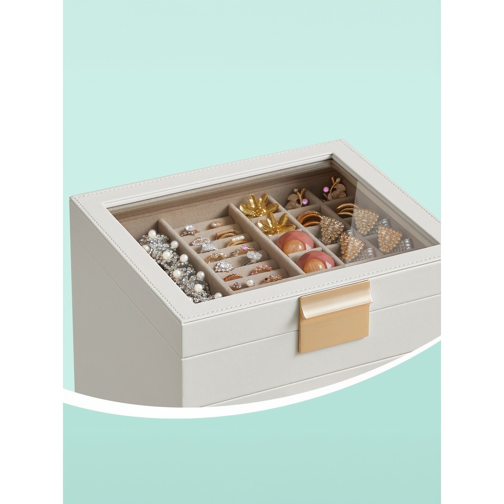 Smyckeskrin med glaslock och 5 lådor - Vit/Guld / Smyckesförvaring / Smyckesbox med lådor