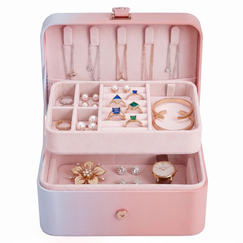 Smyckeskrin för resa med 2 våningar - Flerfärgad/Rosa / Smyckesetui / Resesmyckeskrin
