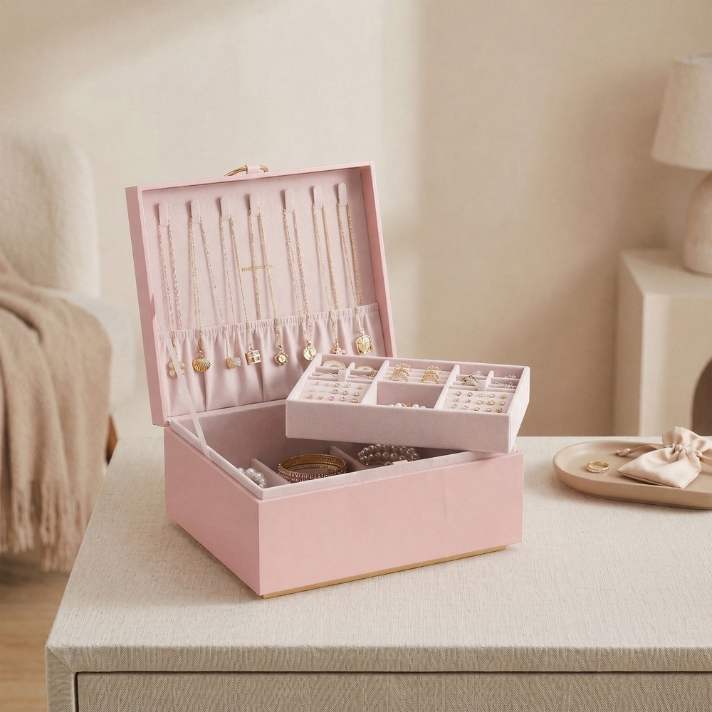 Smyckeskrin med 2 våningar - Rosa / Smyckesförvaring med fack / Smyckesbox med bricka