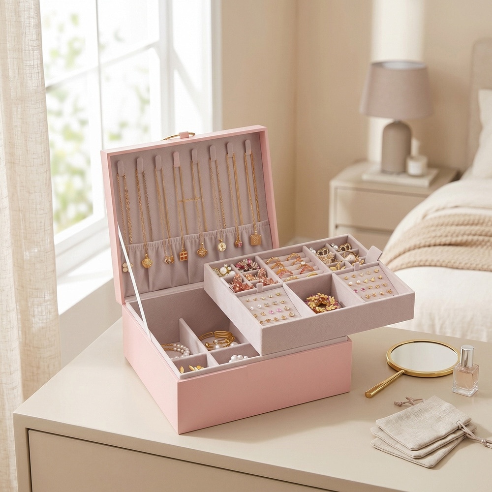 Smyckeskrin med 2 våningar - Rosa / Smyckesförvaring med fack / Smyckesbox med bricka