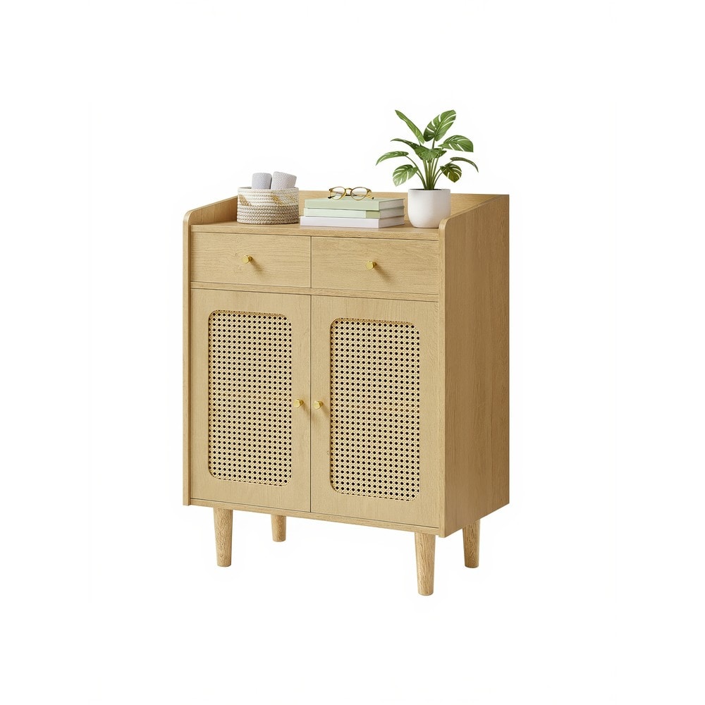 Skänk i boho-stil med rotting, 2 lådor och 2 dörrar - Ek / Bufféskåp / Förvaringsskåp