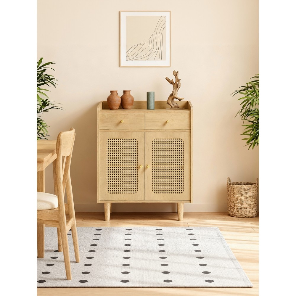 Skänk i boho-stil med rotting, 2 lådor och 2 dörrar - Ek / Bufféskåp / Förvaringsskåp