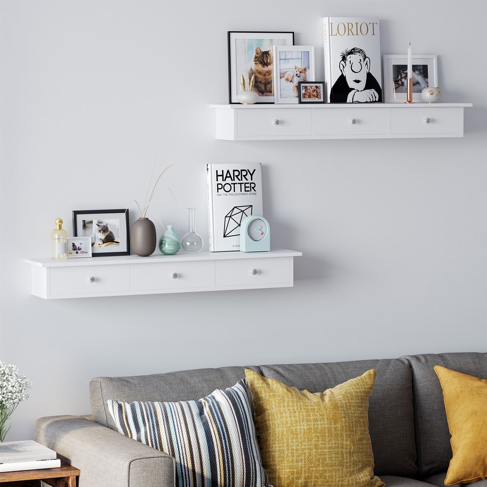Svävande vägghylla med 3 lådor högglans 80 cm - Vit / Hylla med lådor / Väggförvaring