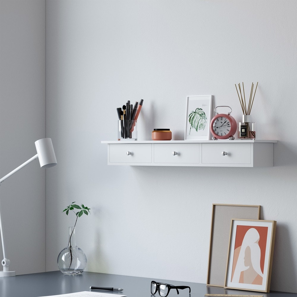 Svävande vägghylla med 3 lådor högglans 80 cm - Vit / Hylla med lådor / Väggförvaring