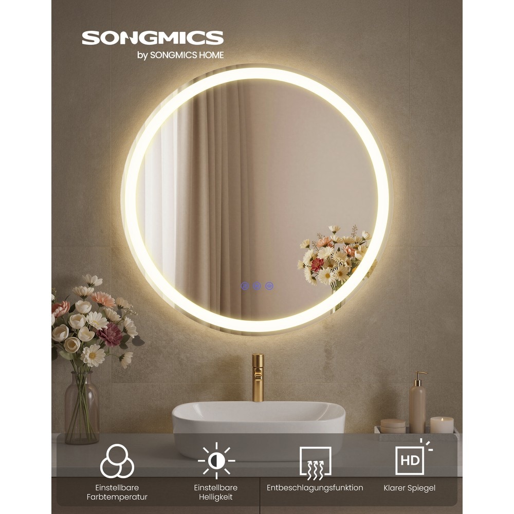 Rund badrumsspegel med LED-belysning och imfri funktion 61 cm - Vit / LED-spegel / Väggspegel