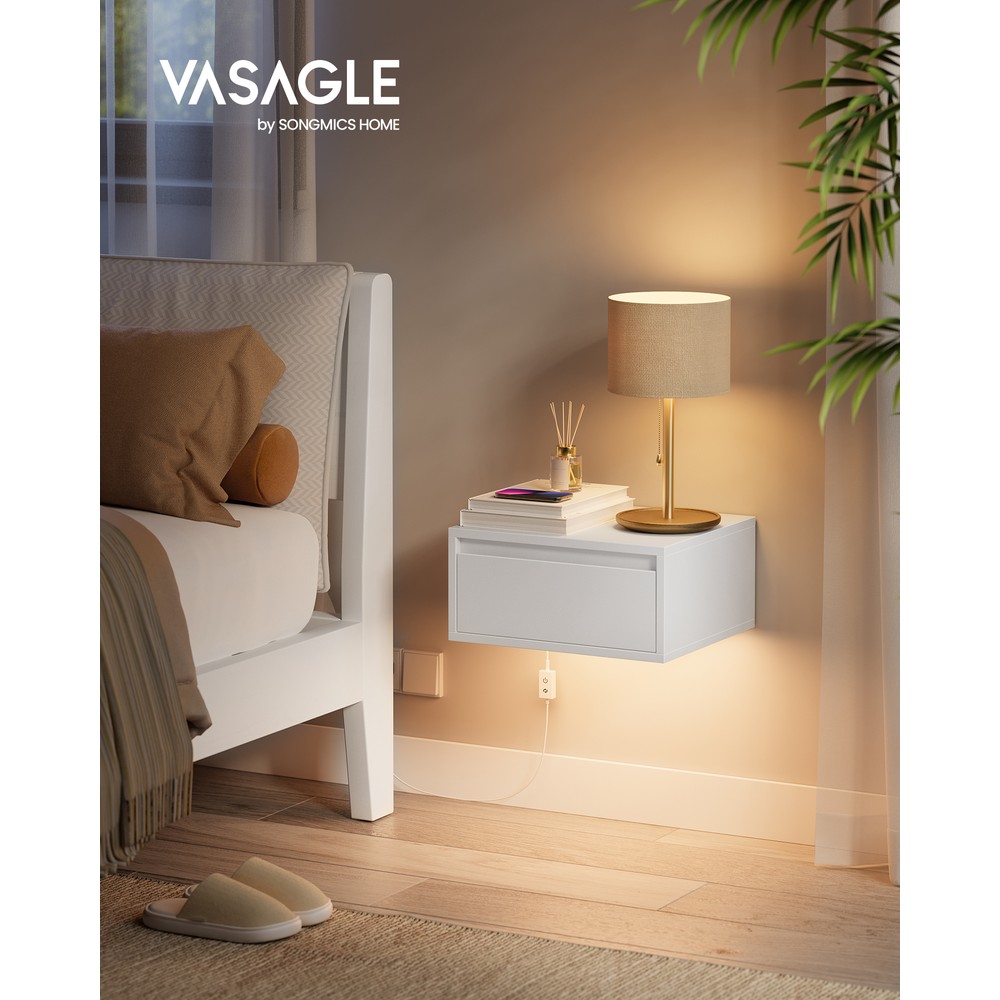 Vägghängt sängbord med låda och belysning 2-pack - Vit / Nattduksbord / Sänghylla