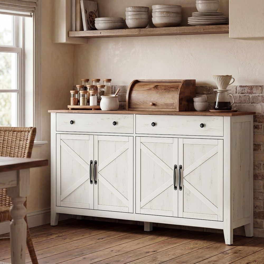 Skänk med låda och dörrar 140 cm - Vit/Brun / Sideboard / Förvaringsskåp för vardagsrum