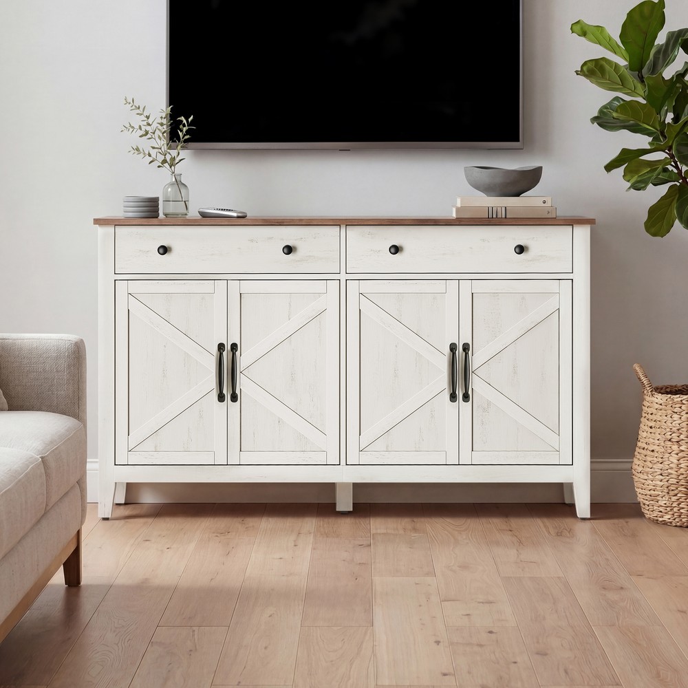 Skänk med låda och dörrar 140 cm - Vit/Brun / Sideboard / Förvaringsskåp för vardagsrum