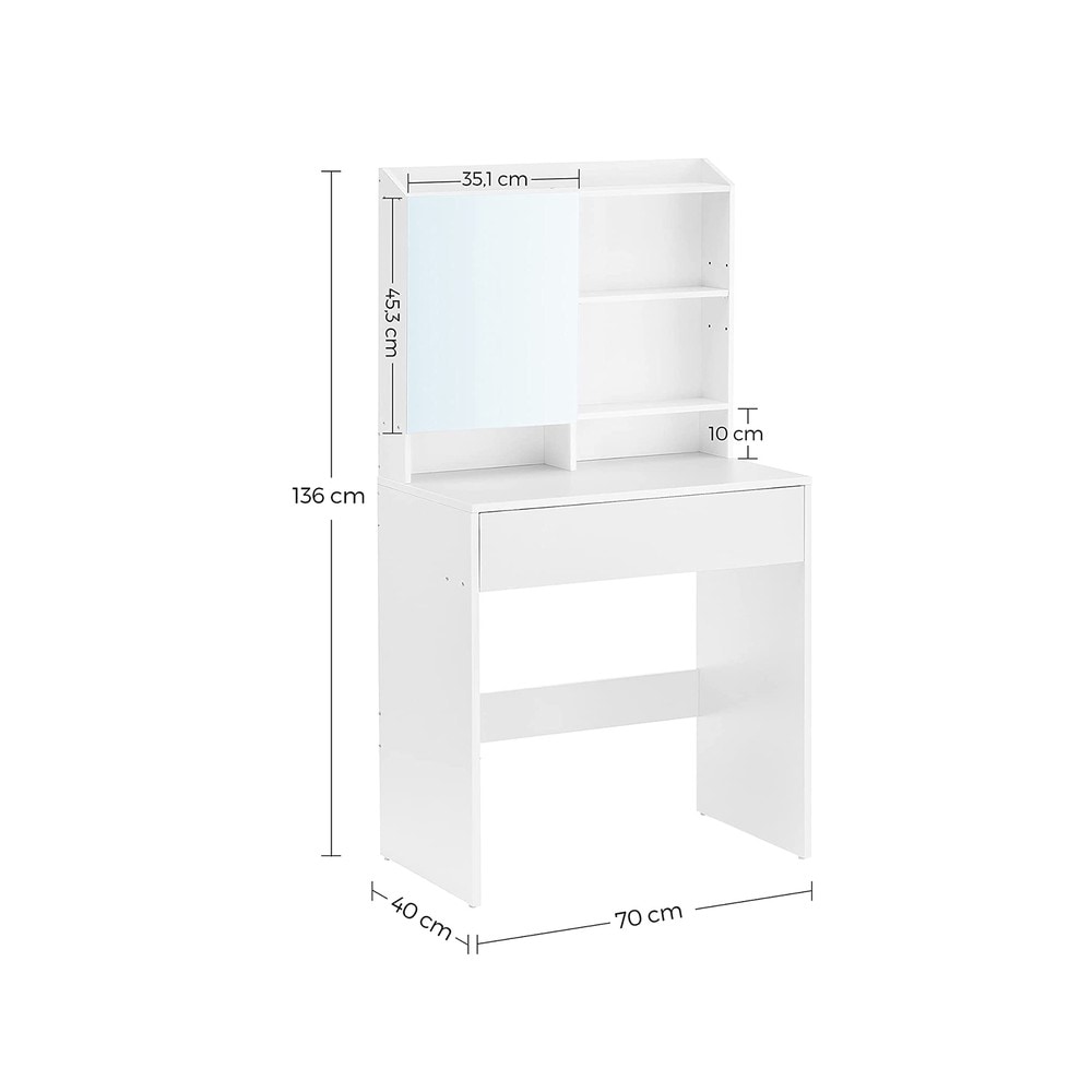 Sminkbord med spegel 70 cm - Vit / Toalettbord med förvaring / Sminkstation med låda