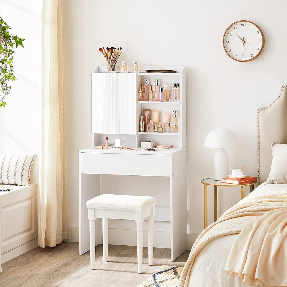 Sminkbord med spegel 70 cm - Vit / Toalettbord med förvaring / Sminkstation med låda