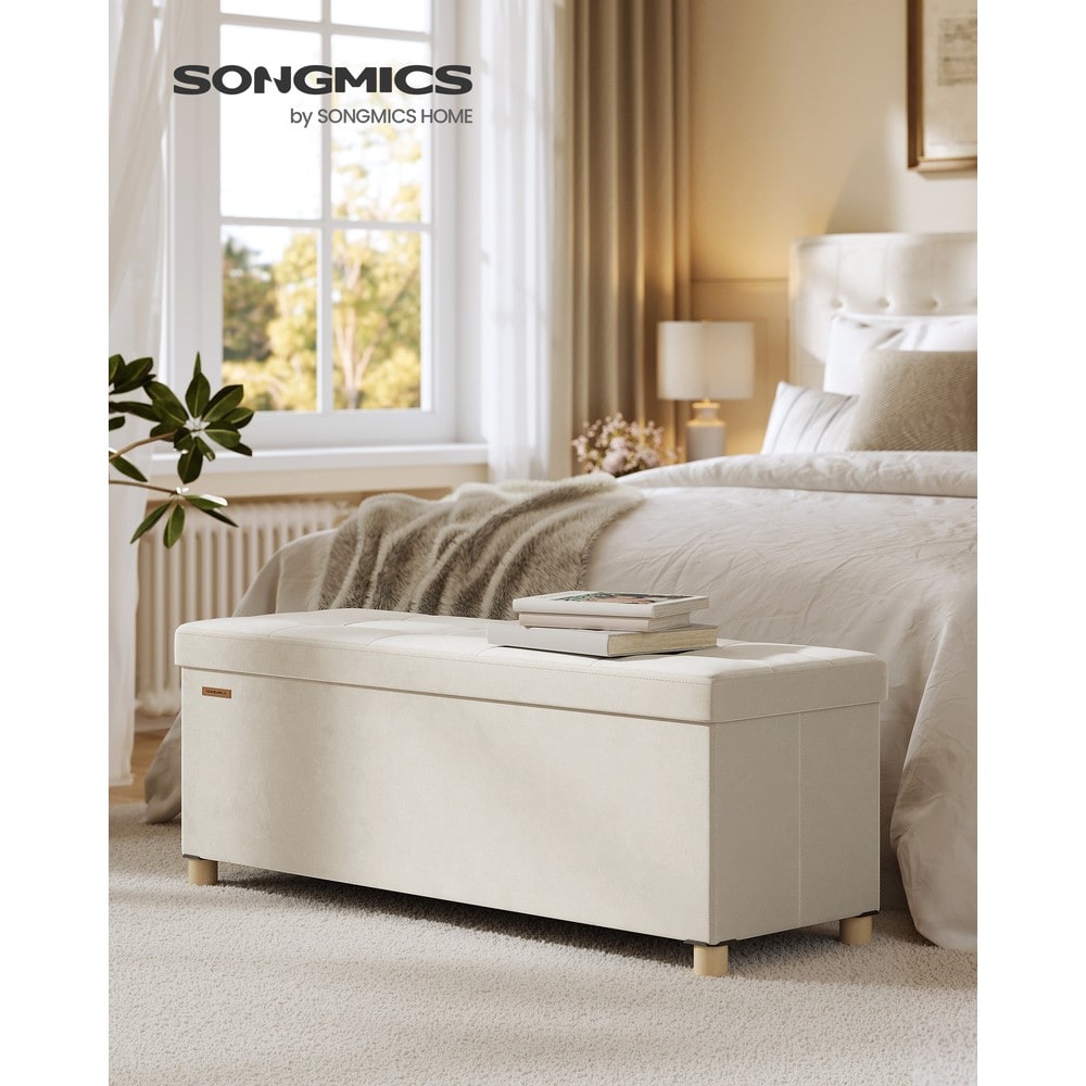 Hopfällbar sittbänk med förvaring i sammet 110 cm - Beige / Förvaringsbänk / Sammetsbänk
