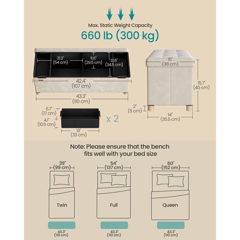 Hopfällbar sittbänk med förvaring i sammet 110 cm - Beige / Förvaringsbänk / Sammetsbänk