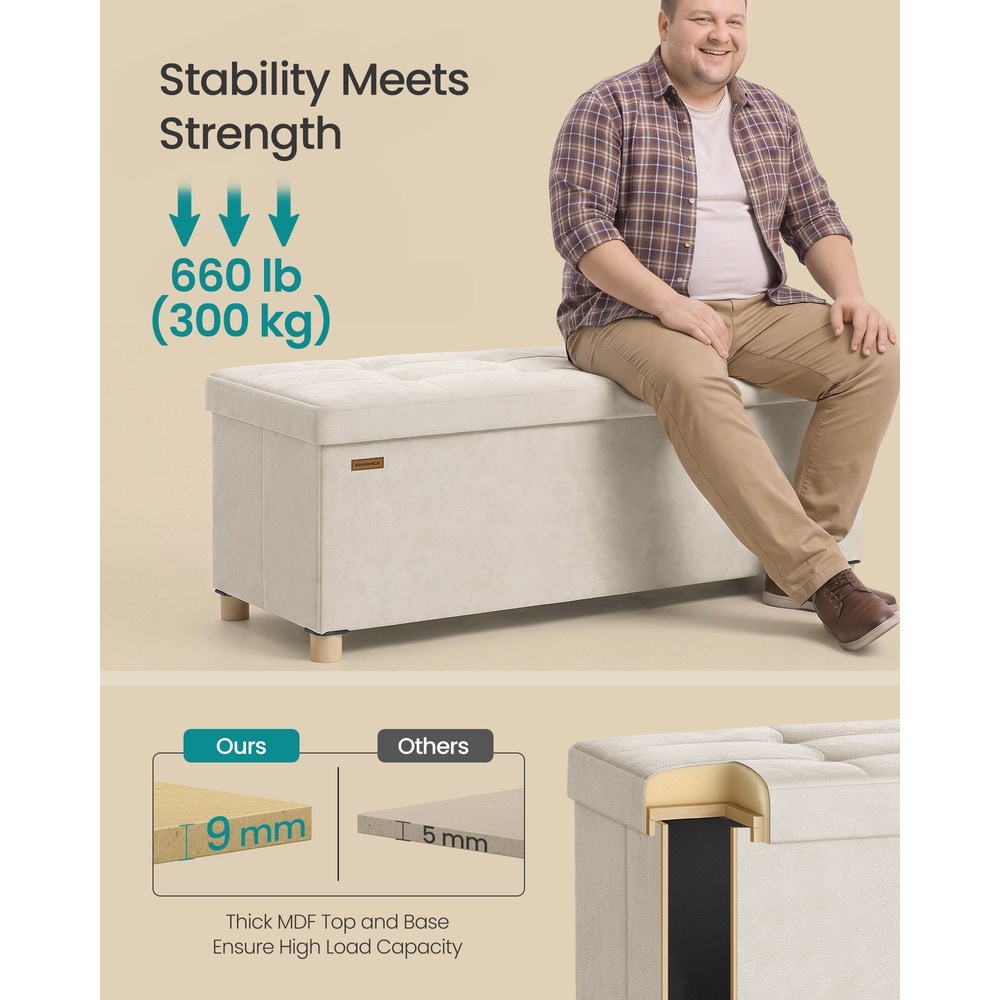 Hopfällbar sittbänk med förvaring i sammet 110 cm - Beige / Förvaringsbänk / Sammetsbänk