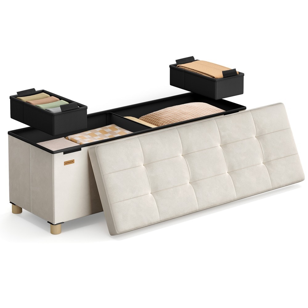 Hopfällbar sittbänk med förvaring i sammet 110 cm - Beige / Förvaringsbänk / Sammetsbänk