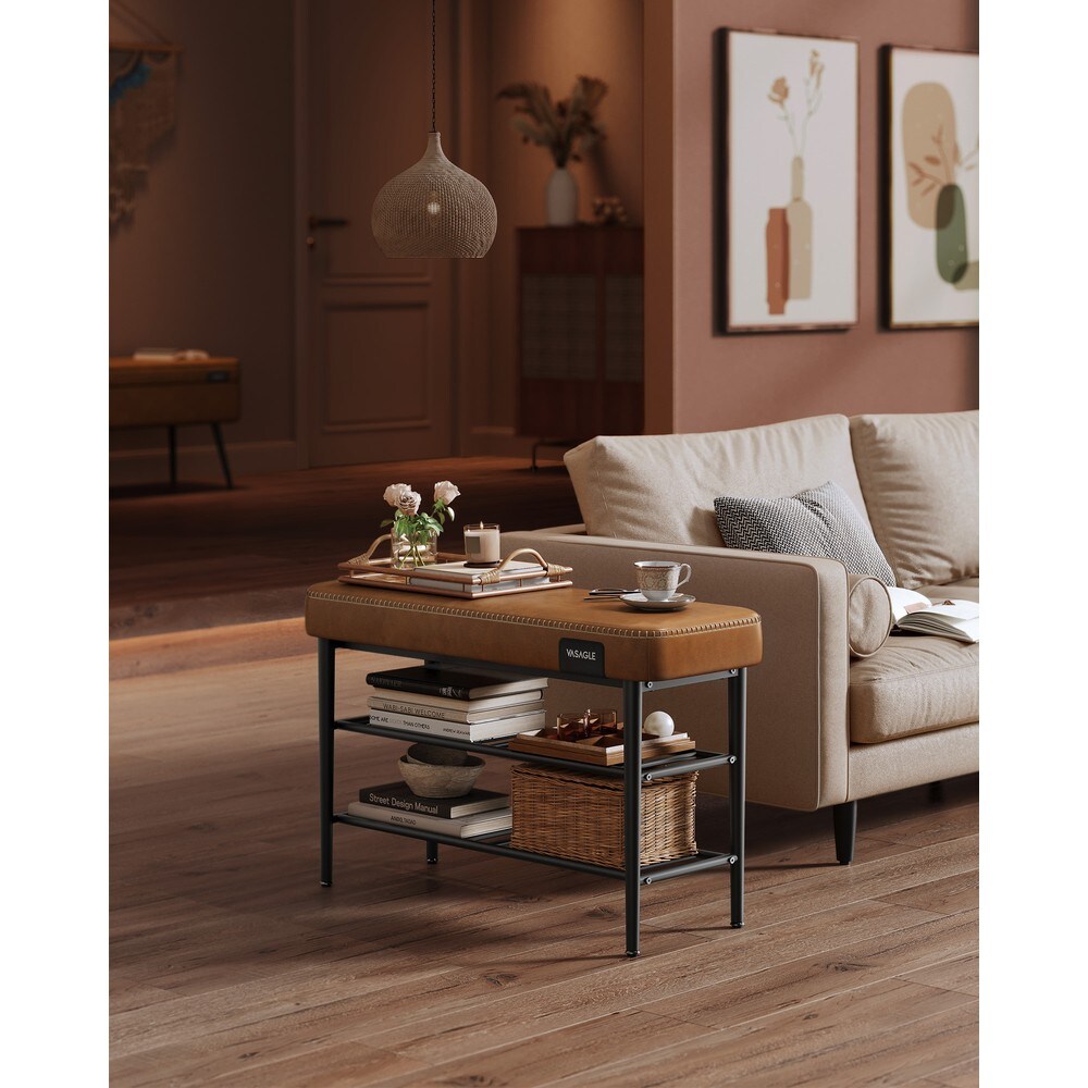 Skobänk i konstläder 80 cm - Brun / Sittbänk med skoförvaring / Vadderad hallbänk