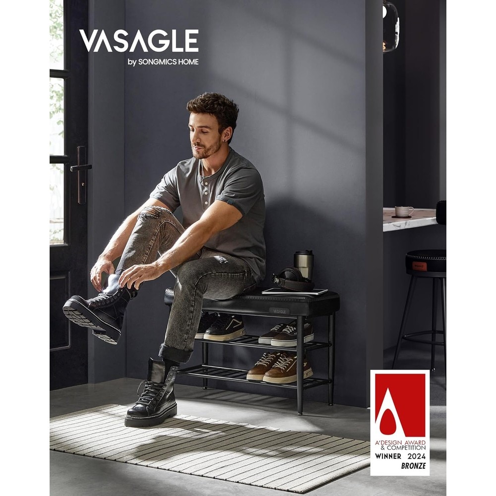 Skobänk i konstläder 80 cm - Svart / Vadderad hallbänk / Sittbänk med skoförvaring