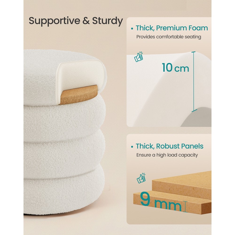Rund sittpuff med förvaring i teddytyg - Vit / Vadderad fotpuff / Sminkpall med lock