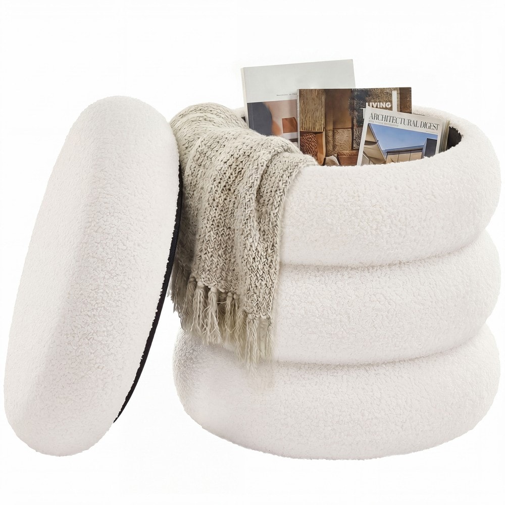 Rund sittpuff med förvaring i teddytyg - Vit / Vadderad fotpuff / Sminkpall med lock