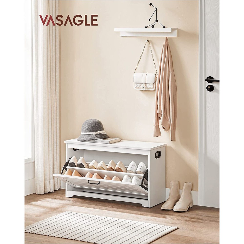 Skobänk med fälldörr 80 cm - Vit / Skoskåp med sittplats / Hallbänk med skoförvaring