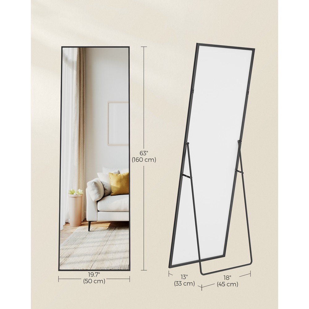 Helkroppsspegel med stativ och aluminiumram 160x50 cm - Svart / Golvspegel / Väggspegel