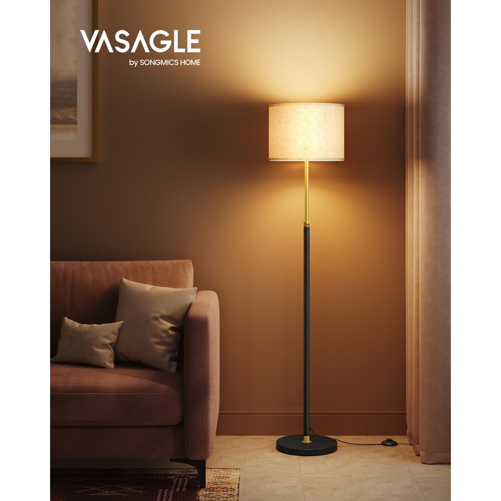 Golvlampa med tygskärm och fotbrytare höj- och sänkbar - Svart/Guld / Läslampa / Stålampa