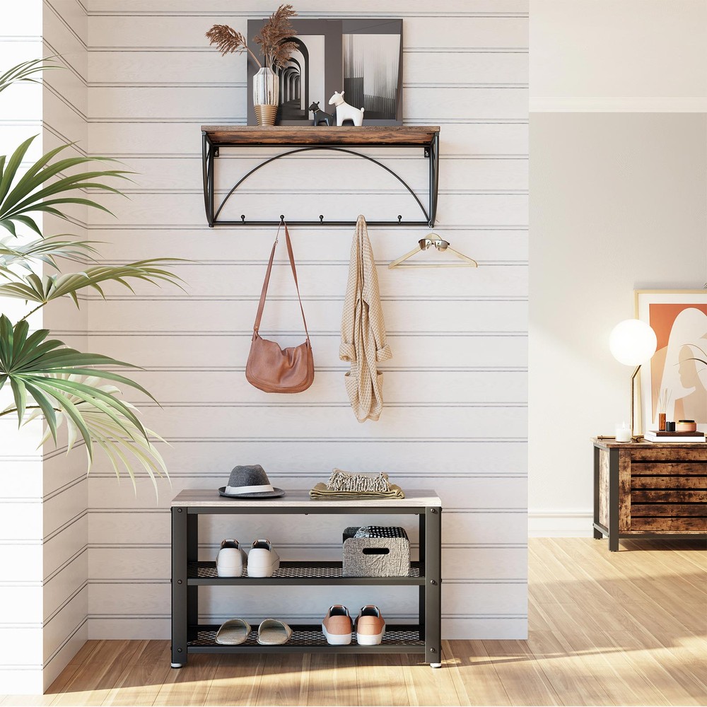 Skobänk i industristil med 2 hyllplan 73 cm - Gråbeige/Svart / Hallbänk / Skoställ med sits