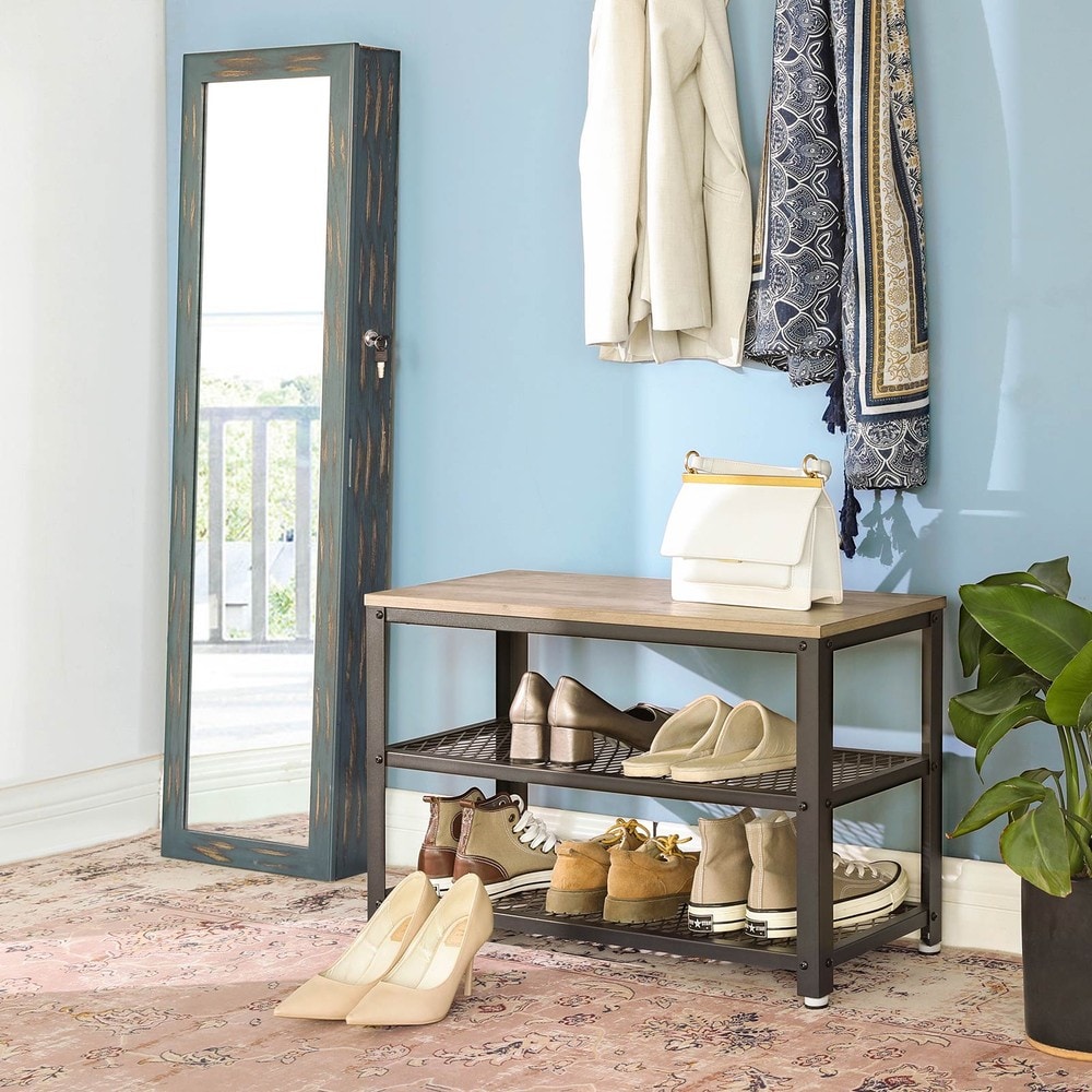 Skobänk i industristil med 2 hyllplan 73 cm - Gråbeige/Svart / Hallbänk / Skoställ med sits