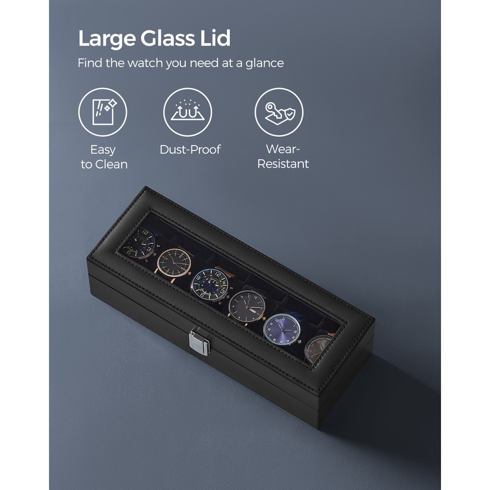 Klockbox med 6 fack och glaslock - Svart / Klocklåda med kuddar / Förvaringsask för armbandsur