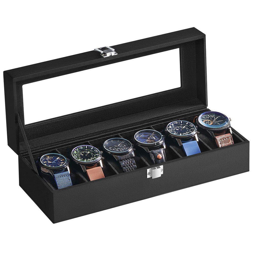 Klockbox med 6 fack och glaslock - Svart / Klocklåda med kuddar / Förvaringsask för armbandsur