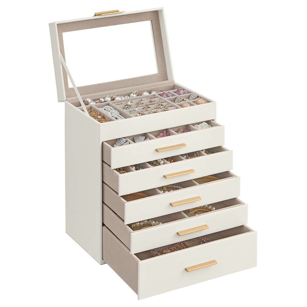 Smyckeskrin med glaslock och 5 lådor - Vit/Guld / Smyckesförvaring / Smyckesbox med lådor