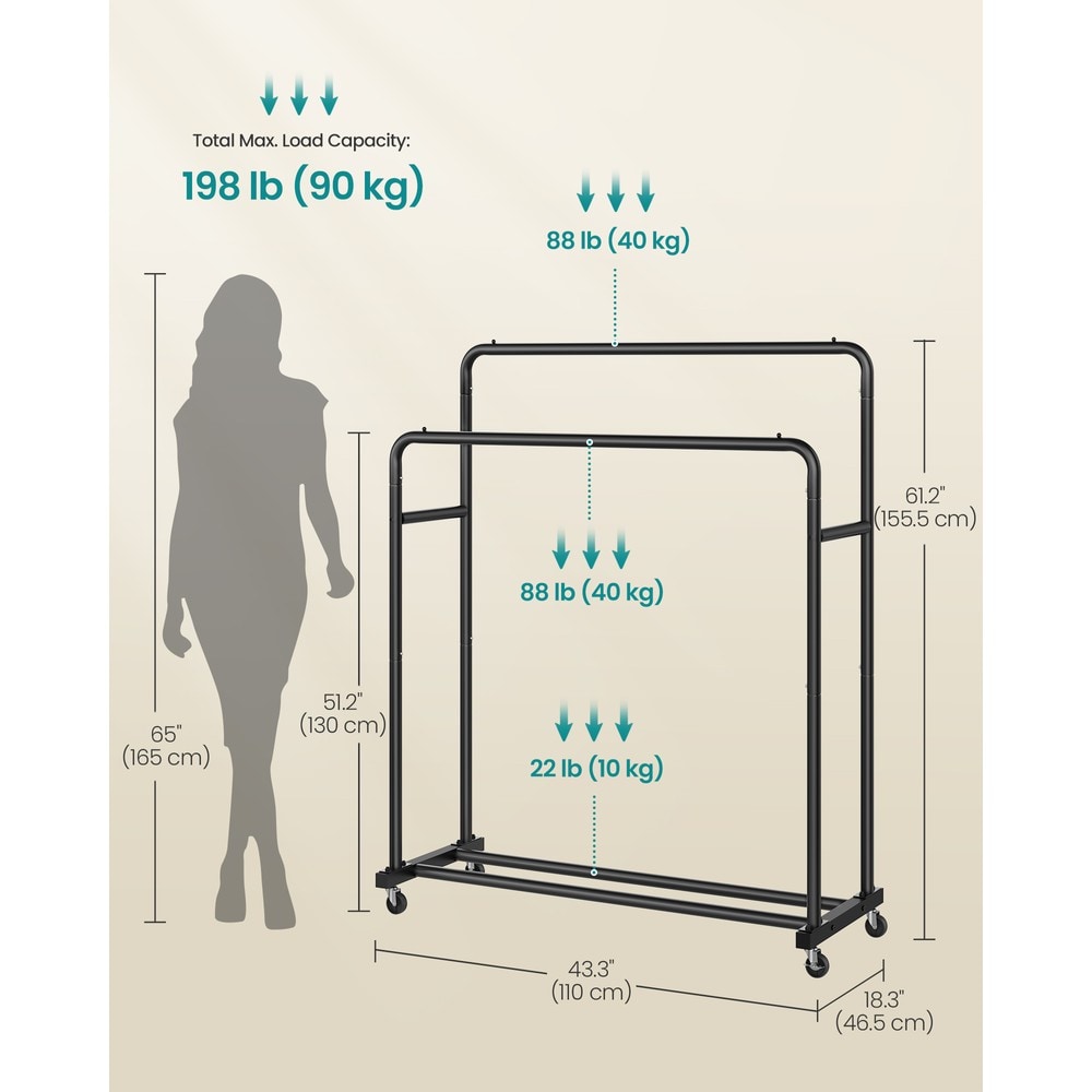 Klädställning på hjul med dubbla klädstänger 110 cm - Svart / Galgställ / Klädrack