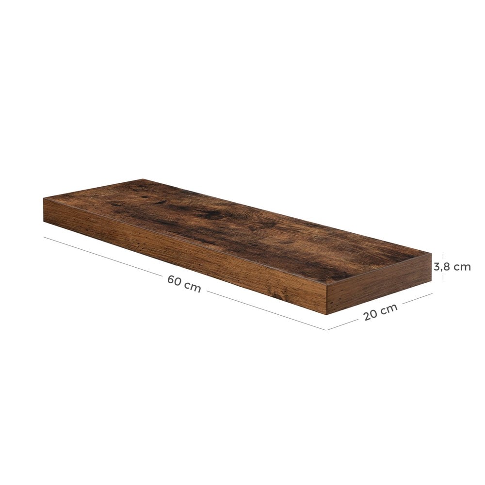 Svävande vägghylla 60x20 cm - Rustik brun / Flytande hyllplan / Dekorationshylla