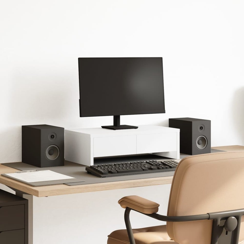 Skärmställ 50×27×15 cm / monitorställ med 2 lådor / skärmhöjare – Vit