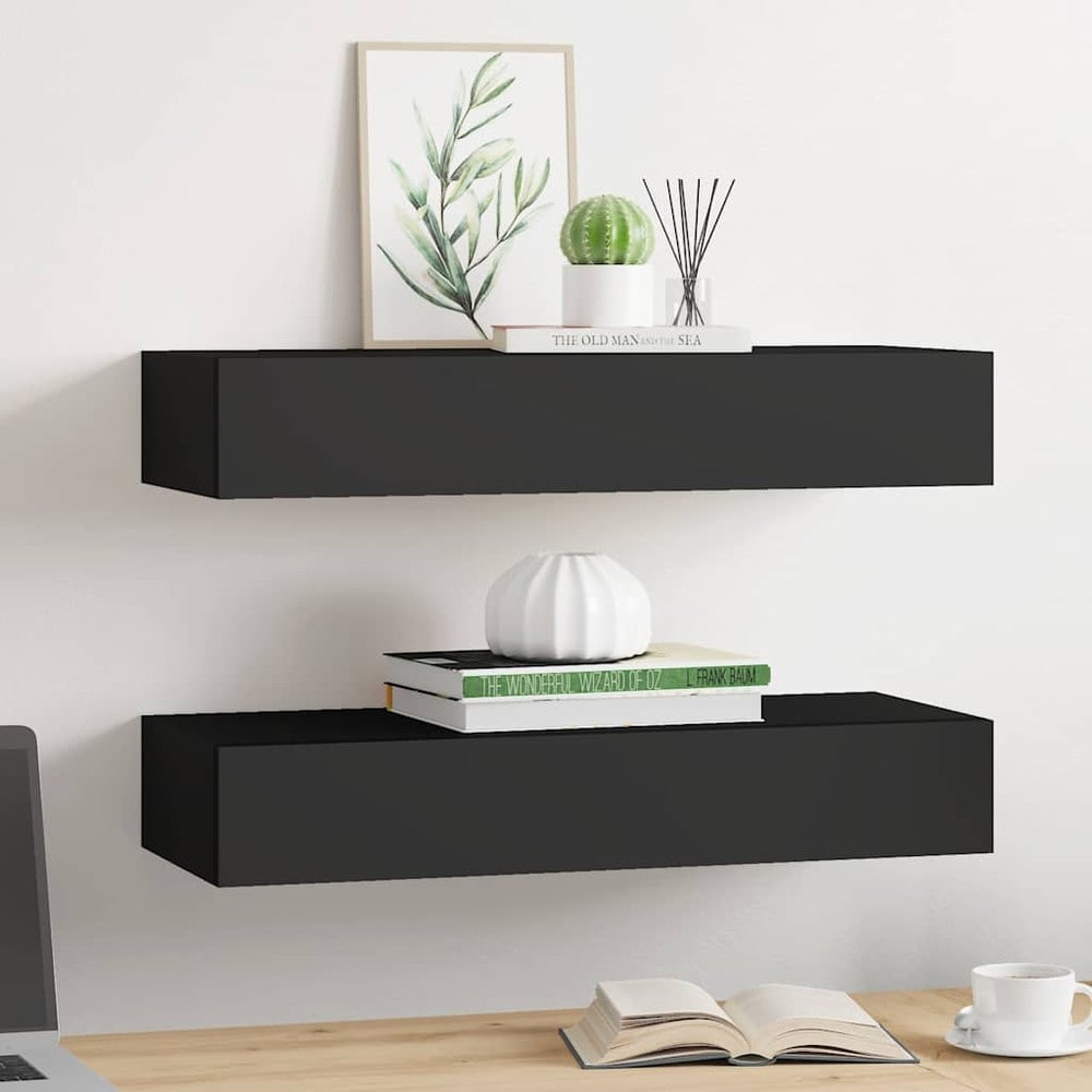2 st vägghyllor med låda 60×23,5×10 cm / vägghängda lådhyllor – Svart