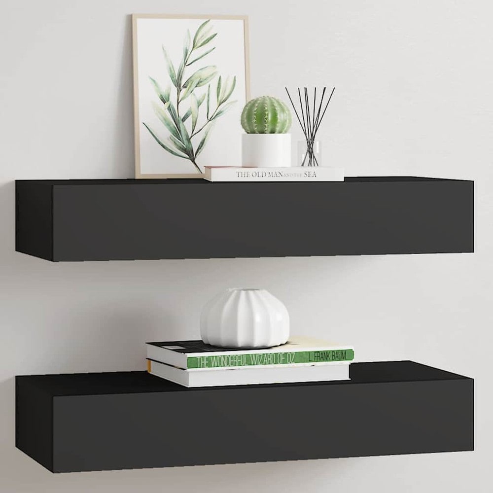 2 st vägghyllor med låda 60×23,5×10 cm / vägghängda lådhyllor – Svart