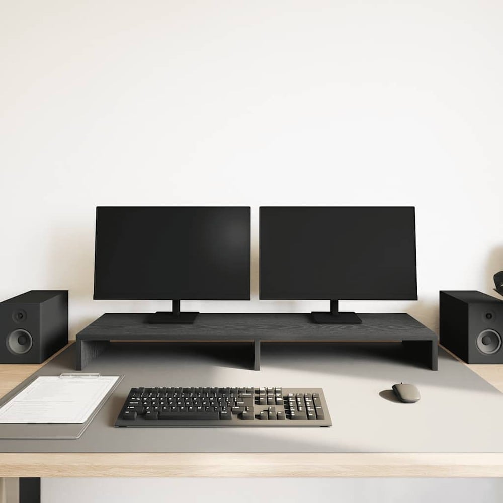 Monitorstativ 100×27×10 cm / skärmställ för 2 skärmar / skärmhöjare med förvaring – Svart