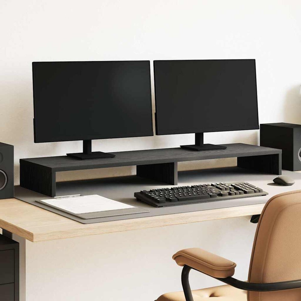 Monitorstativ 100×27×10 cm / skärmställ för 2 skärmar / skärmhöjare med förvaring – Svart