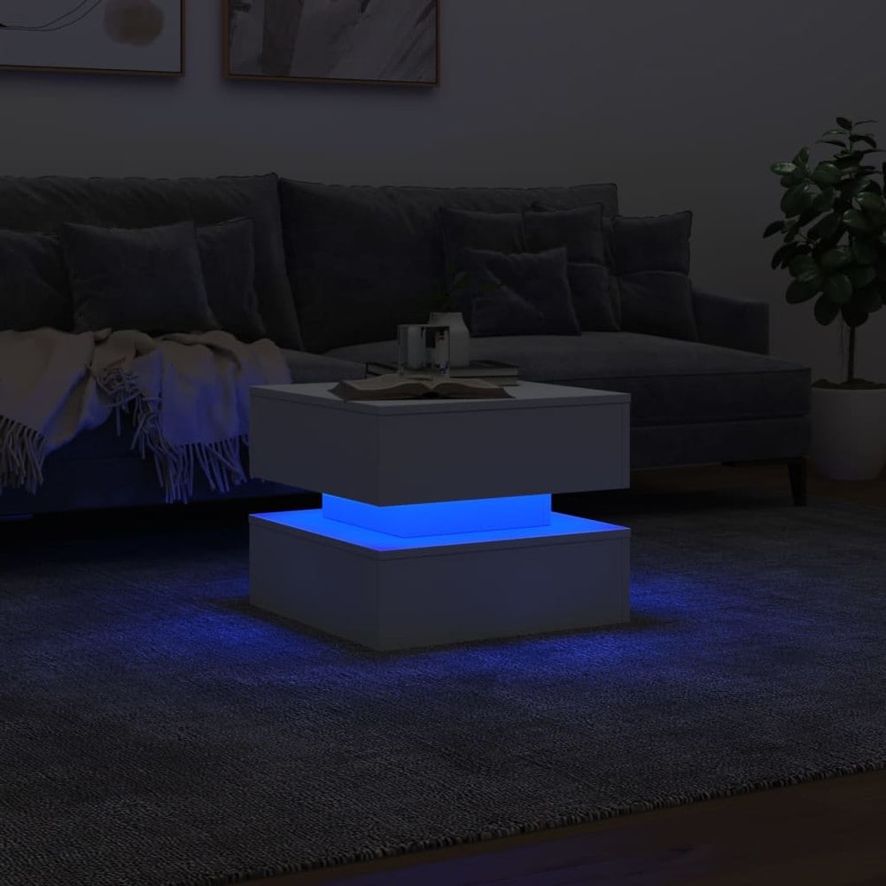 Soffbord 50×50×40 cm / vardagsrumsbord med RGB LED-belysning / sidobord – Vit
