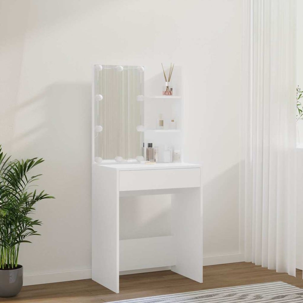 Sminkbord 60×40×140 cm / toalettbord med spegel och LED-belysning  – Vit