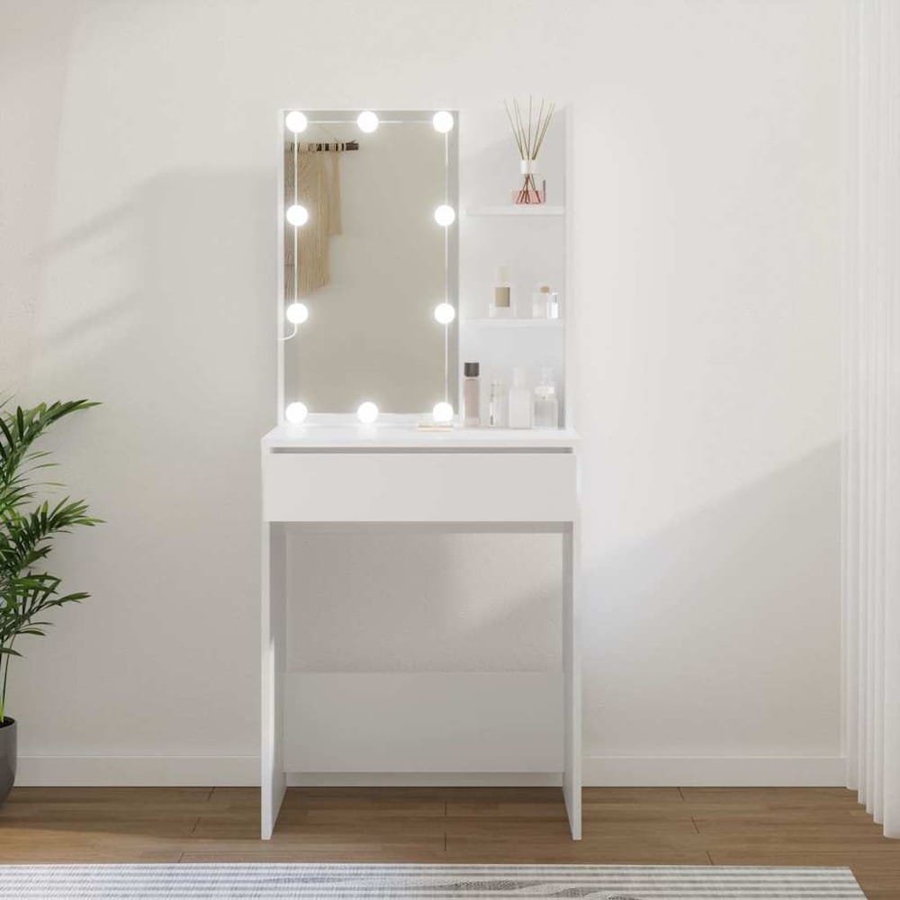 Sminkbord 60×40×140 cm / toalettbord med spegel och LED-belysning – Vit