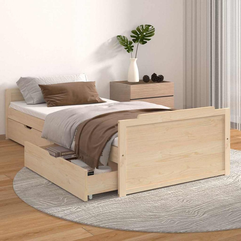 Sängram 90×200 cm / enkelsäng med förvaringslådor / säng i massiv furu – Natur