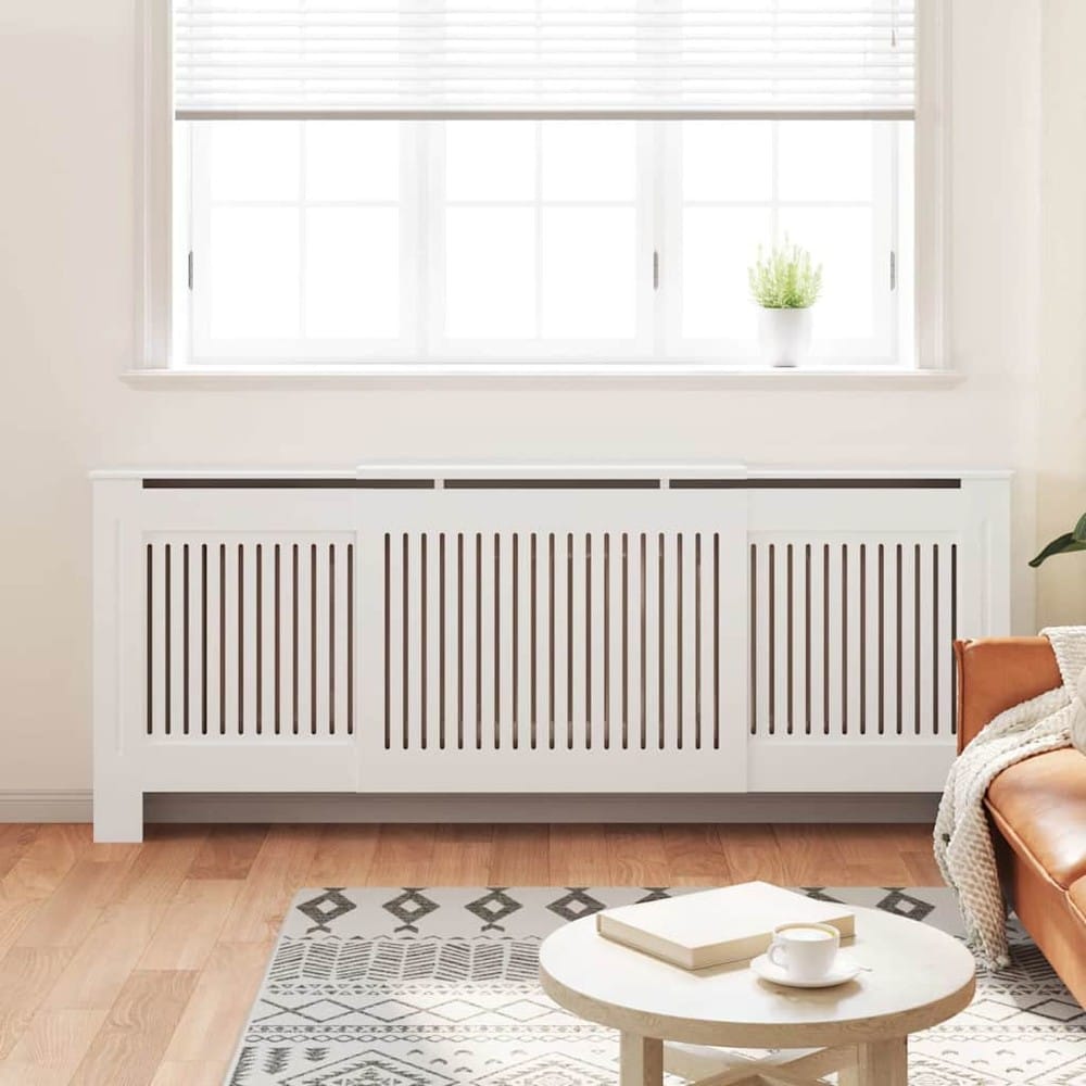 Elementskydd 142–205×20,5×81,5 cm / radiatorskydd med ribbor och hylla – Vit