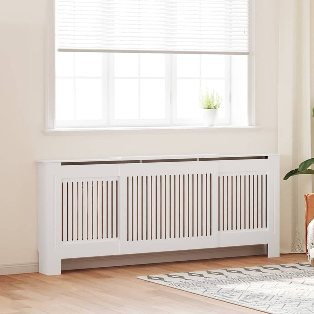 Elementskydd 142–205×20,5×81,5 cm / radiatorskydd med ribbor och hylla – Vit
