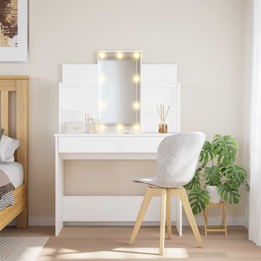 Sminkbord 96×40×142 cm / toalettbord med spegel och LED-belysning – Vit