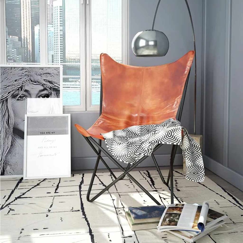 Fladdermusfåtölj i äkta läder / fjärilsfåtölj / Butterfly fåtölj med metallram – Brun