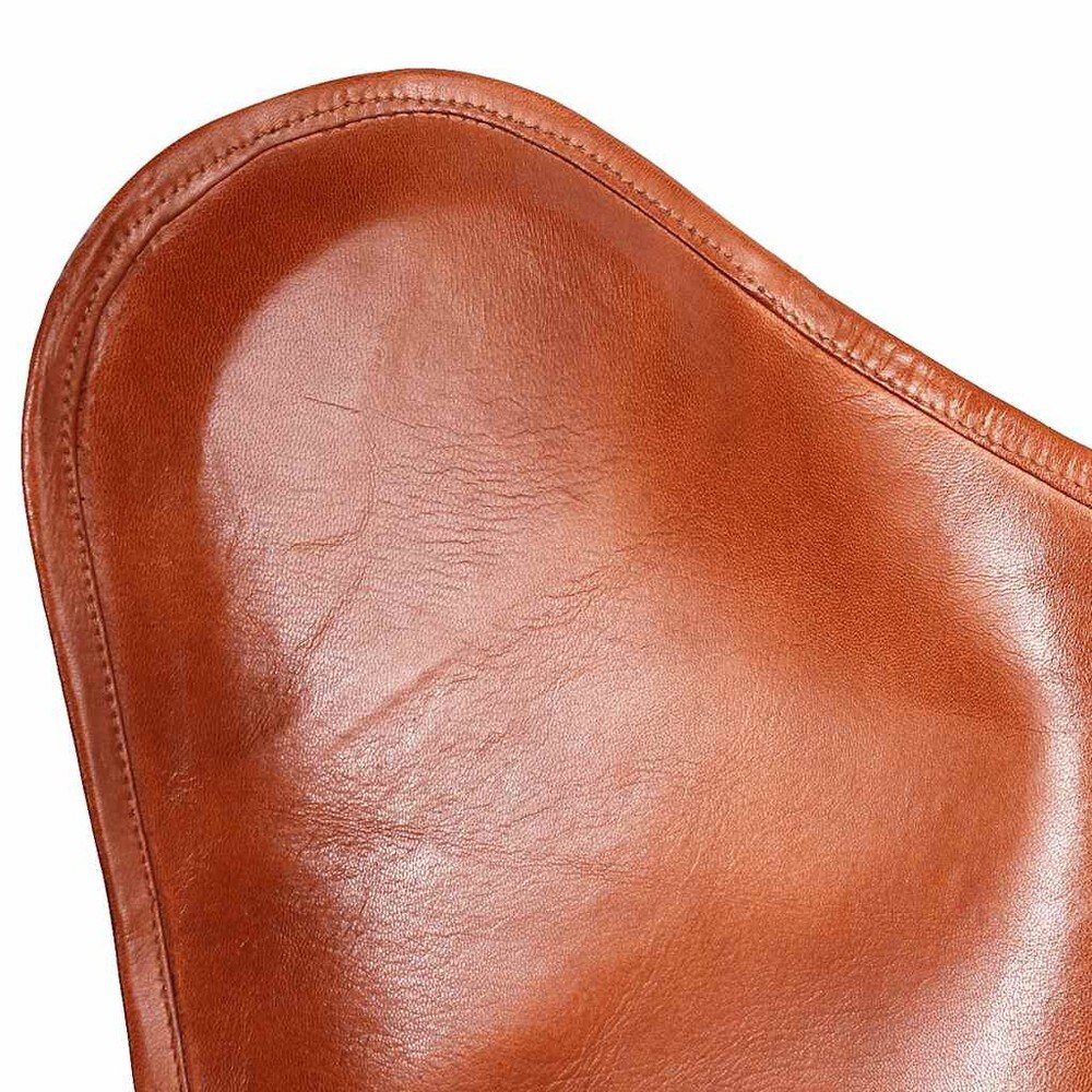 Fladdermusfåtölj i äkta läder / fjärilsfåtölj / Butterfly fåtölj med metallram – Brun