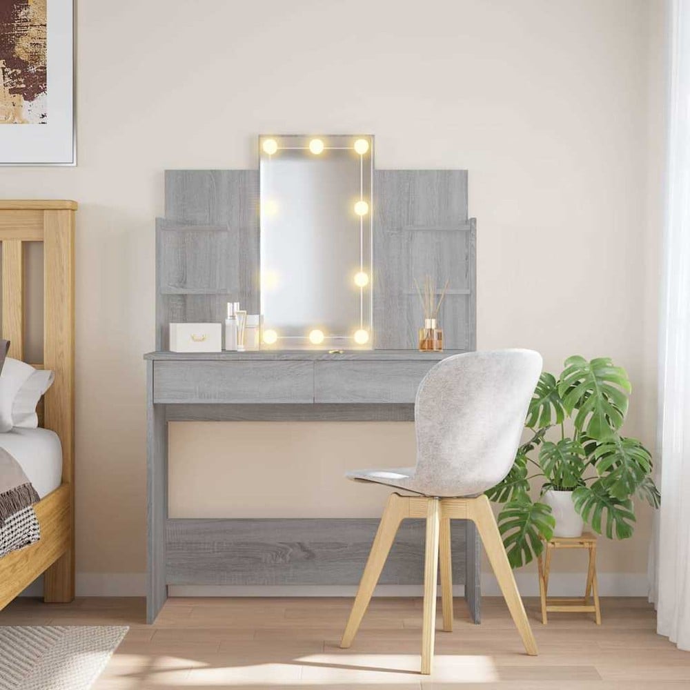 Sminkbord 96×40×142 cm / toalettbord med spegel, LED-belysning och förvaring – Grå