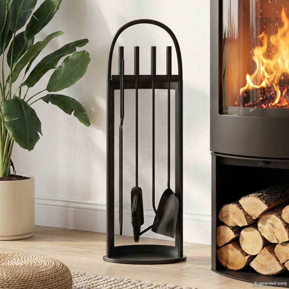 Eldställ 5 delar 23×15×66 cm / eldstadsset / eldstadsverktyg med ställ – Svart