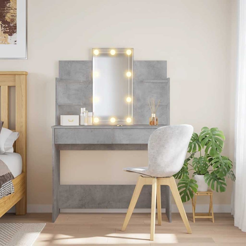 Sminkbord 96×40×142 cm / toalettbord med spegel, LED-belysning och förvaring – Betonggrå